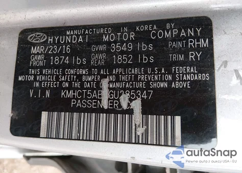 2016 Hyundai Accent Se z USA, uszkodzony, nr VIN KMHCT5AEXGU285347